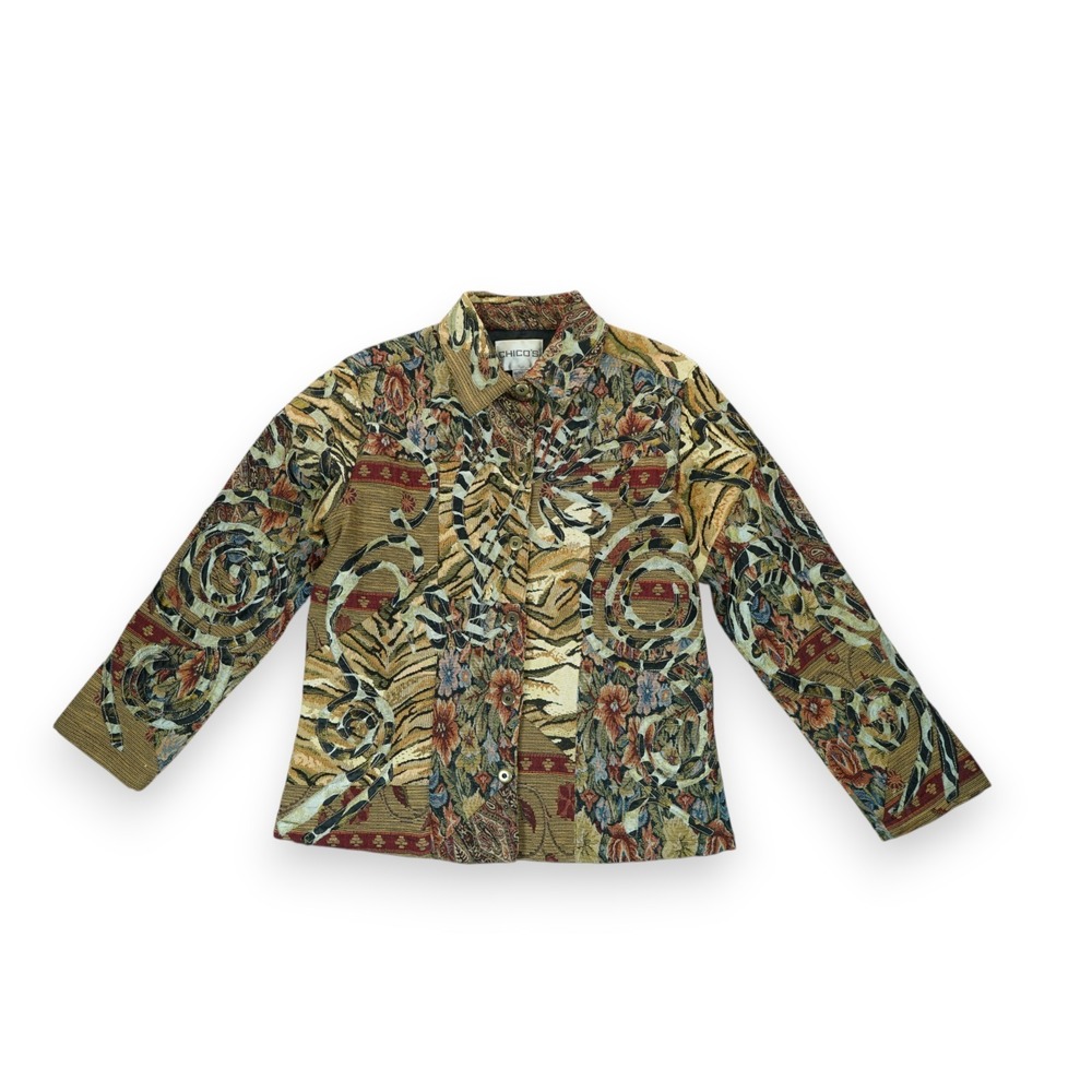 Vintage Chico's Women's Jacket Mod Patchwork Patterns Size 1 Button‎ Down